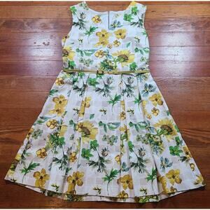 Fit & Flare Dress SZ 14 Women Floral Sleeveless Belt Sunflowers Summer Pockets